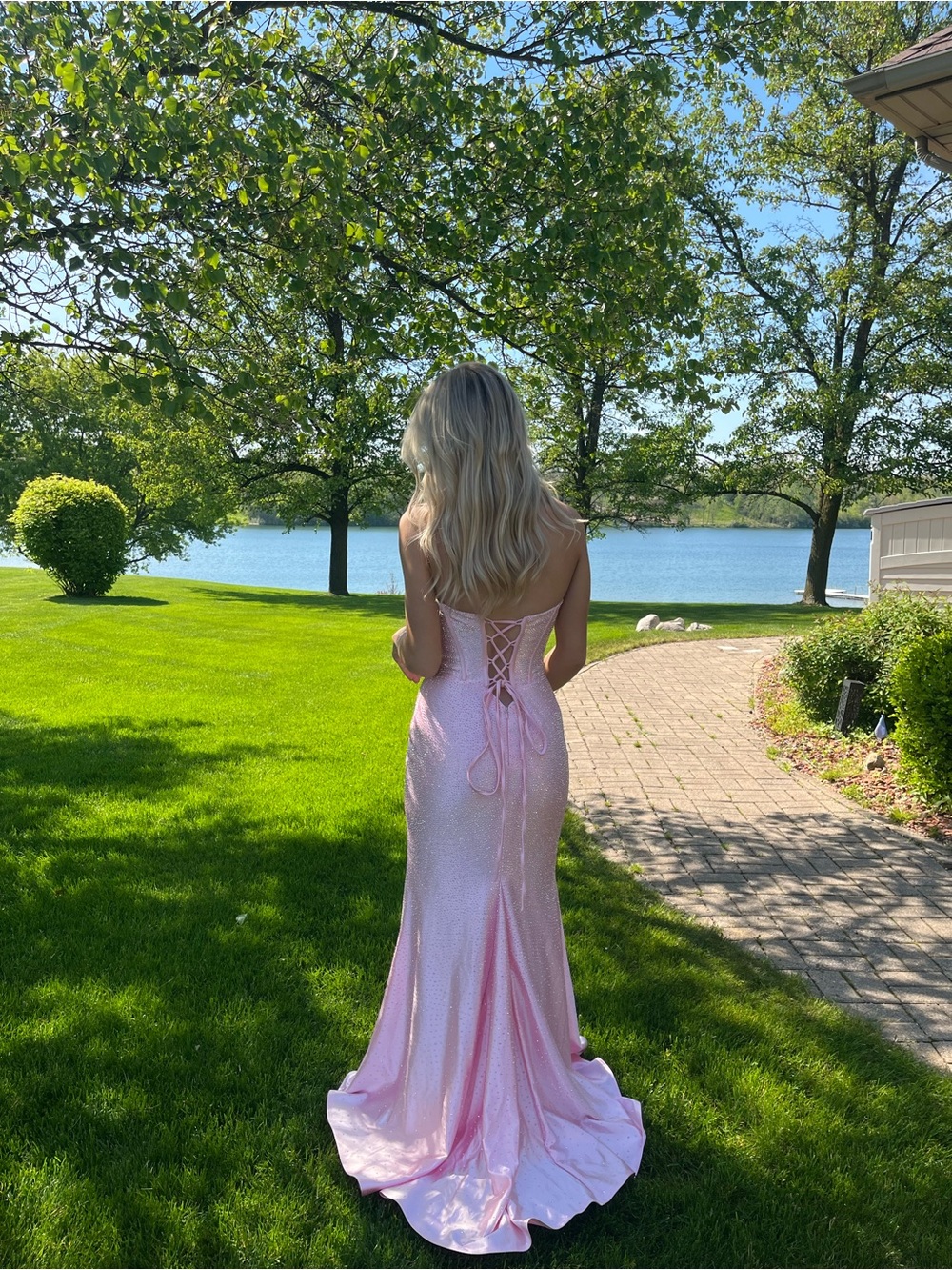 Sherri Hill Light Pink Sequin Corset Prom Gown with Slit - Picture 2 of 3